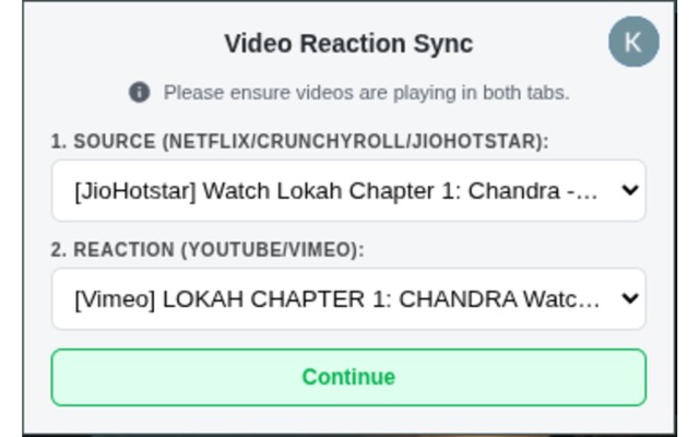 Reaction Sync popup showing tab selection